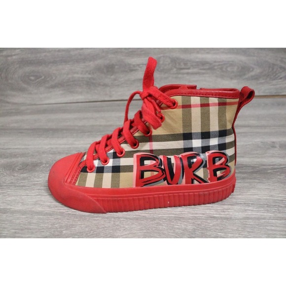 BURBERRY HIGH TOP SNEAKERS Toddler EU 30 NOVA CHECK SHOES Graffiti RED - Picture 2 of 12